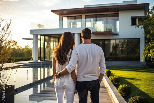 couple embracing in front of new big modern house, outdoor rear view back looking at their dream home photo