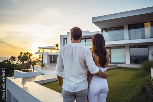 couple embracing in front of new big modern house, outdoor rear view back looking at their dream home photo