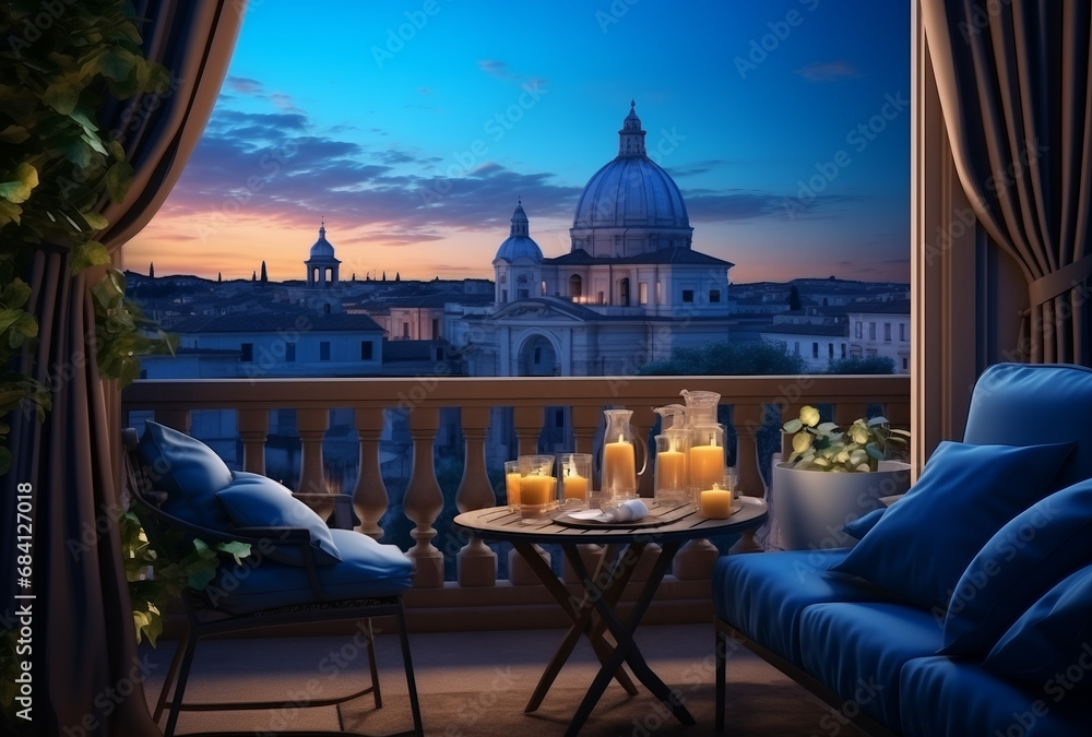 Landscape Scene of st peter's basilica at the sunset time, view from inside decorate home apartment, window and balcony view, holiday and tourist concept, Generative AI - obrazy, fototapety, plakaty 