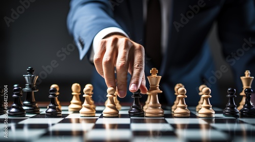 Close-up of hands businessman playing chess board, Competition in business.