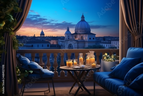 Landscape Scene of st peter's basilica at the sunset time, view from inside decorate home apartment, window and balcony view, holiday and tourist concept, Generative AI photo