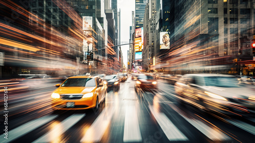 Yellow taxi cars in movement with motion speed blur on crowded stret