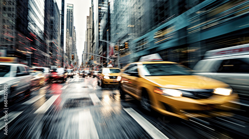 Yellow taxi cars in movement with motion speed blur on crowded stret photo