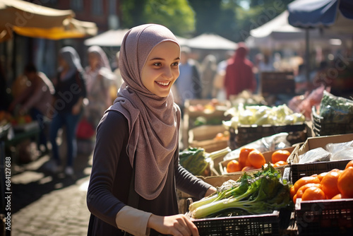 Happy smiling muslim girl in a hijab At Farmers Fresh Food Market. The concept of healthy eating. Organic farm products.