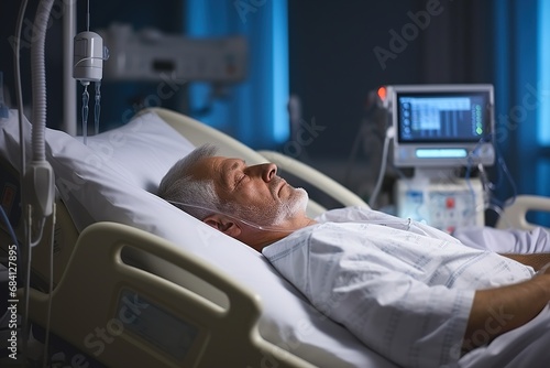 Healthcare and medicine. Old man laying on a bed in a hospital. photo