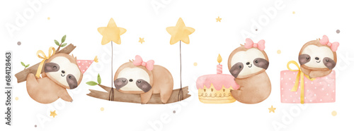 Sloth watercolor birthday party girl Decoration nursery kids Print for invitation card Baby shower Poster Template