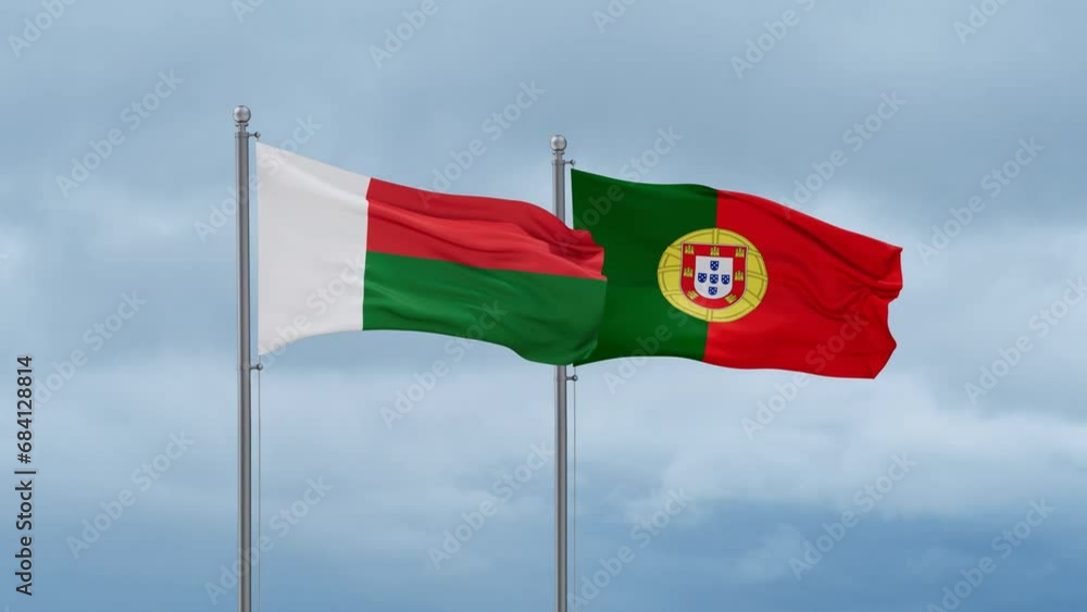 Portugal and Madagascar flag waving together on cloudy sky, endless seamless loop, two country cooperation concept Portugal and Madagascar flag waving together on cloudy sky, endless seamless loop, two country cooperation concept