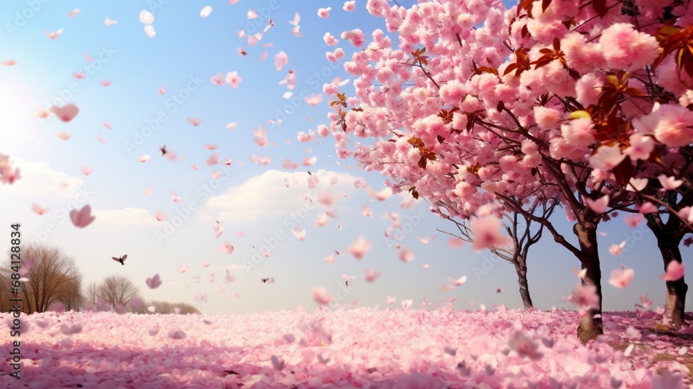 Cherry blossom trees in full bloom and cherry blossom petals blowing in the wind under a clear sky in spring.