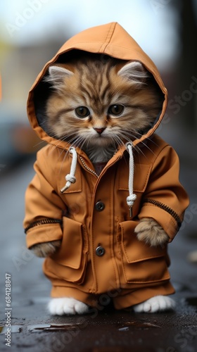 cute little cat walking down the street in human outdoor clothes