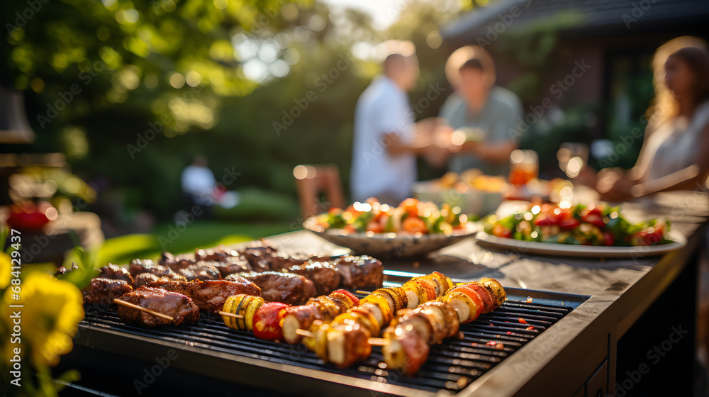 Fototapeta premium family and friends having a picnic barbeque grill in the garden