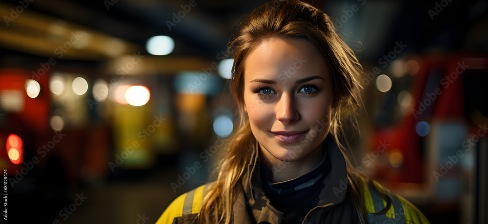 firefighters woman at the fire station, confident firefighter firefighters woman at the fire station, confident firefighter