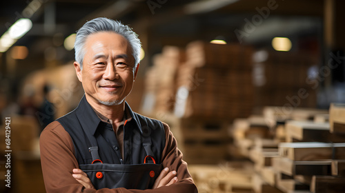 A old Japanese carpenter smiles confidently. Standing with arms crossed in a wood factory