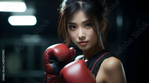 Asian woman wearing boxing gloves