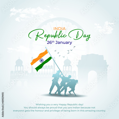 Happy Republic day concept banner, 26 January, national holiday of India, Indian flag, Indian army soldier doing flag hoisting on top of mountain