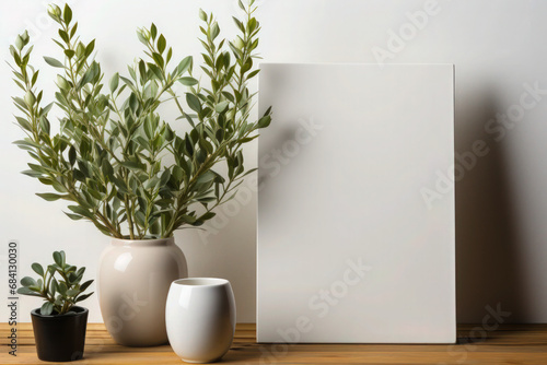Floral Showcase: Canvas Mockup Stands Tall on Table, Surrounded by Plants and Flowers - Generative AI