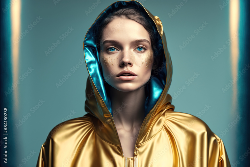 Atrakcyjna szatynka w złotym dresie - portret fitness - damski boks -Attractive gray woman in gold tracksuit - fitness portrait - women's boxing - AI Generated