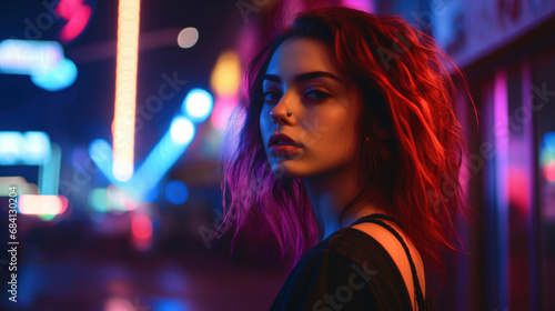 Nocne życie - portret kobiecy - dziewczyna nostalgicznie spoglądająca na tle nocnego klubu - Nightlife - female portrait - girl looking nostalgic against the backdrop of a nightclub - AI Generated