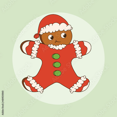 Celebrate the festive season with adorable gingerbread man. He is wearing a cute Santa outfit that matches his brown skin. He is smiling brightly, He is perfect friend to accompany you on Christmas. 