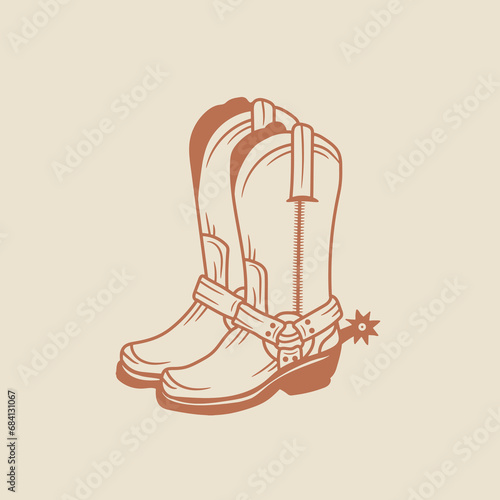 A silhouette of a pair of cowboy boots in vintage rodeo style. A symbol of the wild west and the spirit of adventure. 