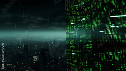 A Skyscraper with Green Binary Code Running Down