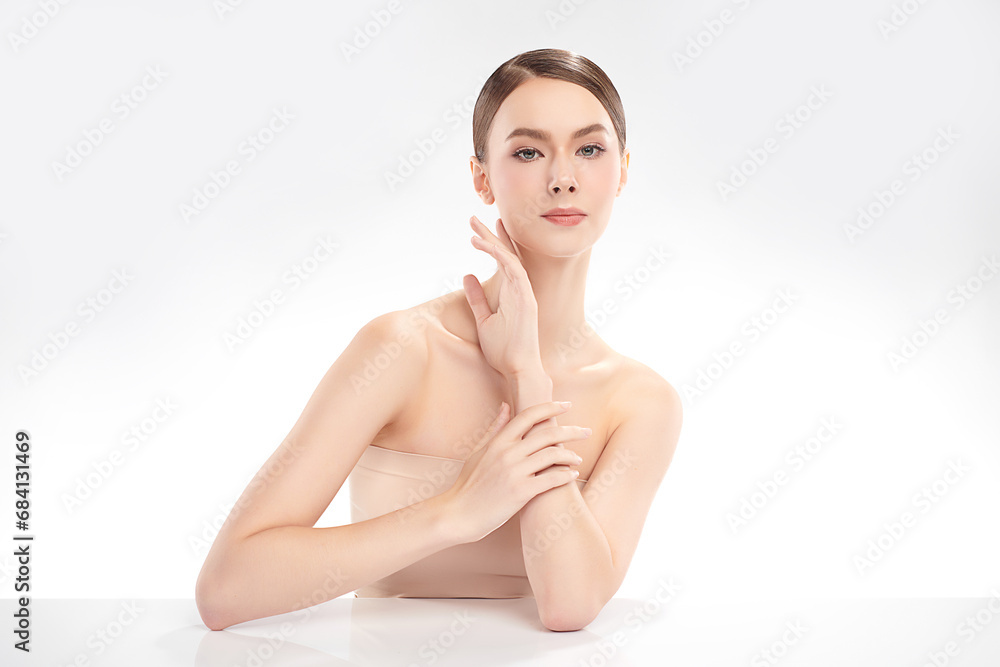 Beautiful young woman with clean fresh skin on white background, Face care, Facial treatment, Cosmetology, beauty and spa, women portrait. Beautiful young woman with clean fresh skin on white background, Face care, Facial treatment, Cosmetology, beauty and spa, women portrait.