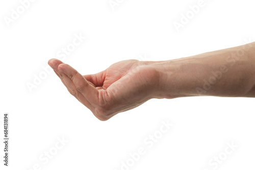 Man cupped hand to hold something isolated on white