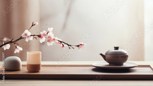 Tea ceremony  traditional teapot and ceramic cups on wooden tray on light background with sakura blossoms. Generative AI