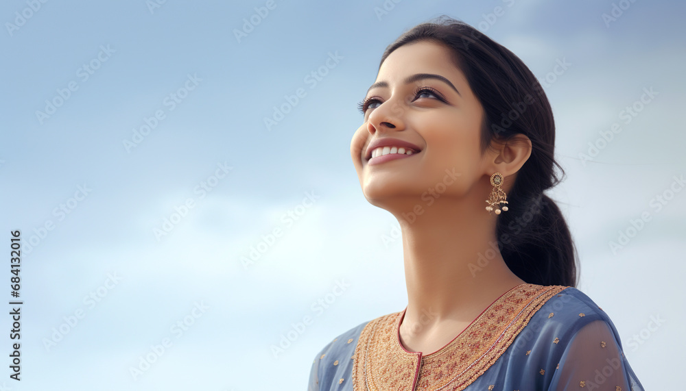 Portrait of a young, smiling Indian woman in traditional attire, Looking at the sky. Copy Space. Portrait of a young, smiling Indian woman in traditional attire, Looking at the sky. Copy Space.