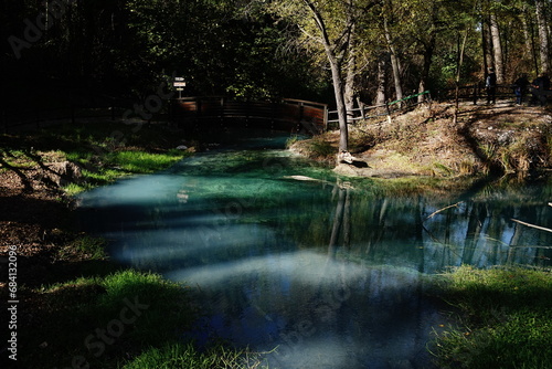 Deep blue sulphurean water of Lavino river park, Scafa, Abruzzo, Italy
