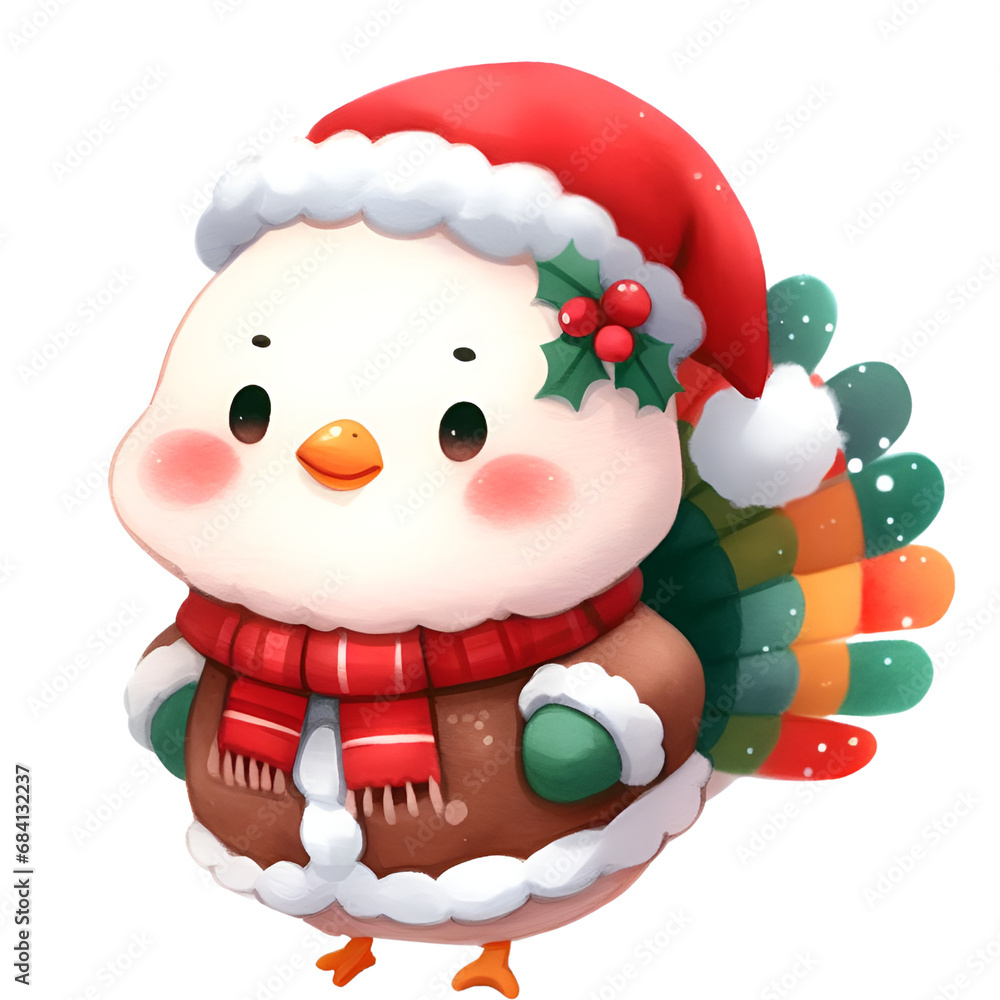 Watercolor Christmas illustration of cute Turkey chicken wearing santa suit happy cute