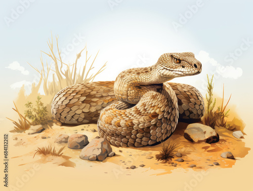 Illustration of a camouflaged diamondback rattlesnake coiled in a natural dry habitat.