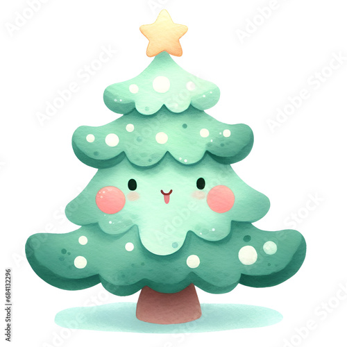 Christmas tree with colorful balls, confetti, star and gift boxes, watercolor holiday illustration isolated on white background, symbol winter, new year and Christmas, greeting card.