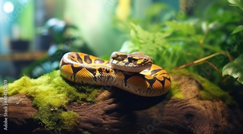 A ball python curled among foliage, displaying its patterned scales. photo