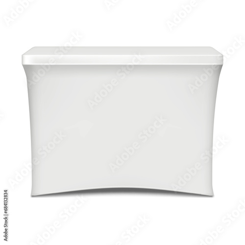Blank white portable exhibition counter vector mockup. Trade show promotional stretch cover table display stand realistic mock-up. Template for design