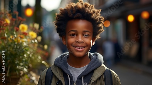 Happy african american boy smiling in the city. Closeup Portrait of a happy African kid standing on a European city street. Male African pre-teen child with perfect white teeth closeup. .