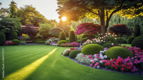 Landscape design with flower beds in home garden, beautiful landscaping in residential house backyard. Scenic view of beautiful landscaped garden, scenery of luxury backyard in summer