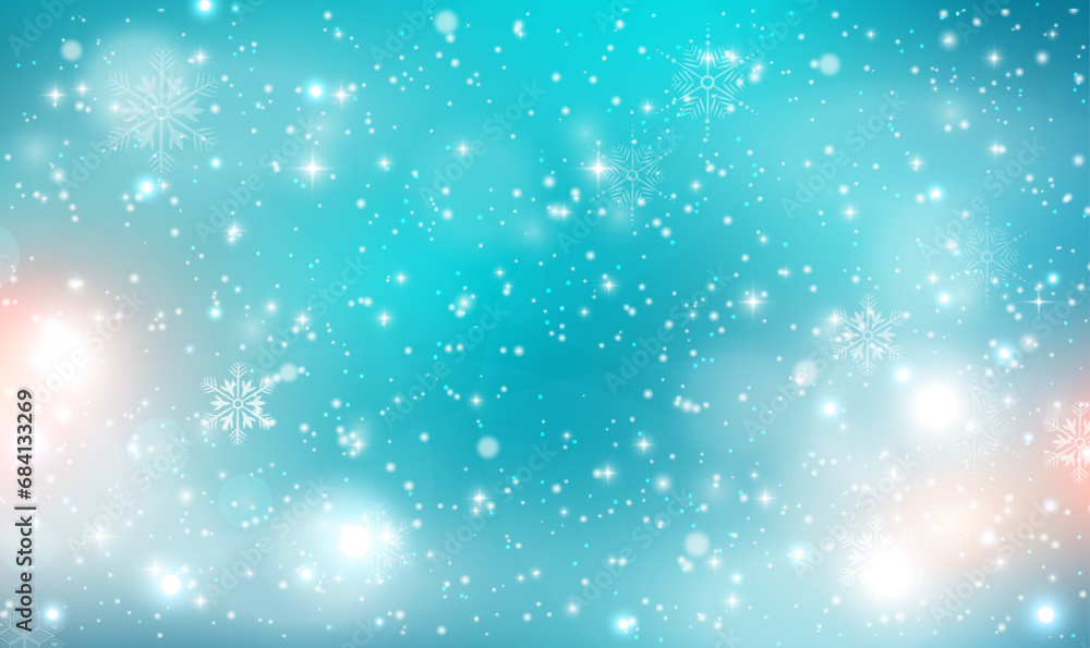 Magical winter snow background with snowfall and snowflakes. Beautiful background of raining snowflakes on a clear sky. Christmas and Happy New Year greeting card. Scattered snowflakes. Vector EPS10.