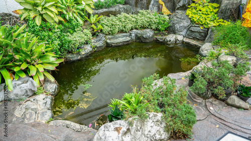 Picture of a dug well with clear  still flowing water There is a reflection of the sky above. There are beautifully decorated rocks all around. There are small shrubs planted neatly among the rock 