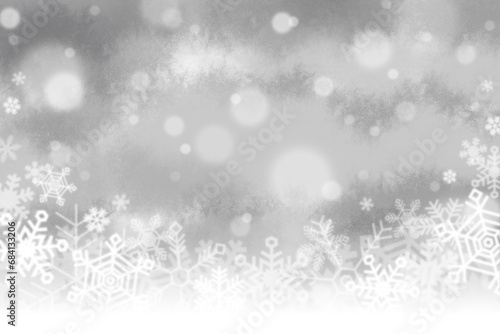 Gray watercolor snow falling background with snowflakes. Horizontal.