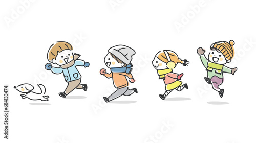 冬に外を走る子供たち