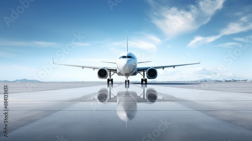 Airplane standing on a clear runway with a clear blue sky. Modern aircraft taxiing on a bright summer day. Jet Airliner preparing for a fligh. Picture of a parked passenger plane. Travel Concept.