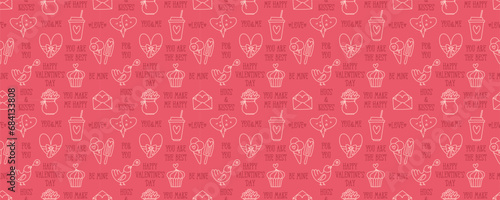 Valentines Day doodle style seamless pattern, hand-drawn love theme icons background. Romantic mood cute symbols and elements collection.