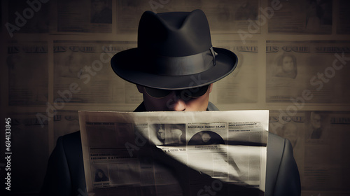 A mysterious spy with sunglasses looking behind his newspaper