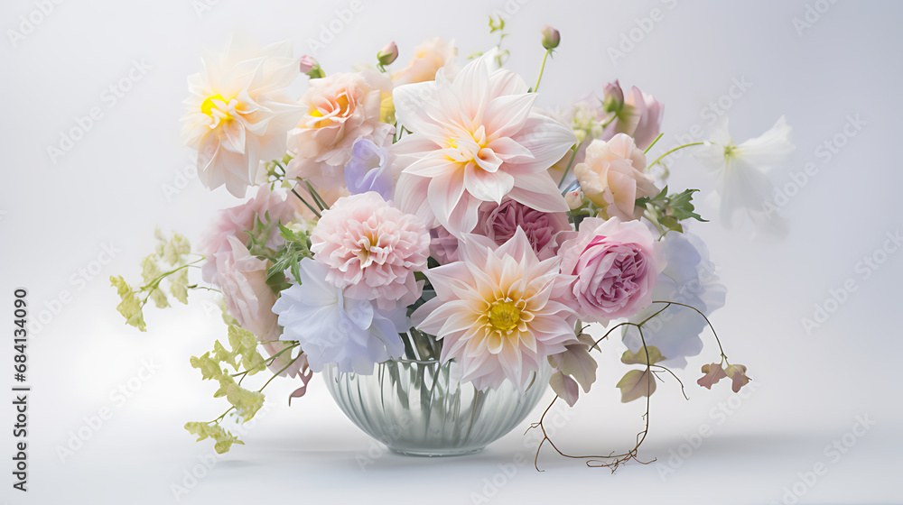 A delicate crystal vase with a bouquet of pastel-colored flowers on a solid white background.