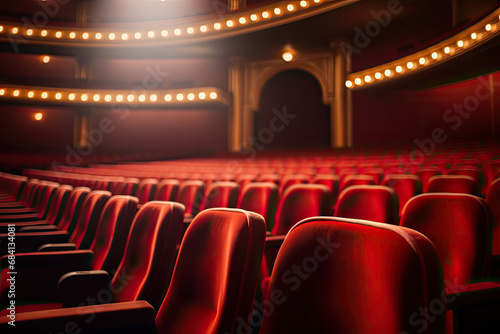 an empty auditorium surrounded by two rows of red seats