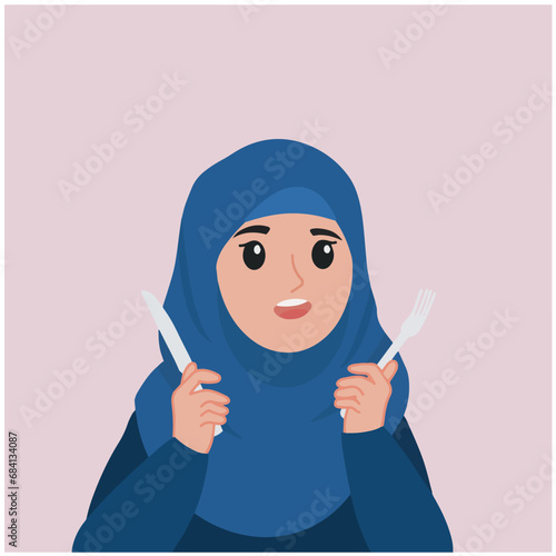 Pretty hijab girl holding fork and knife preparing to eat illustration