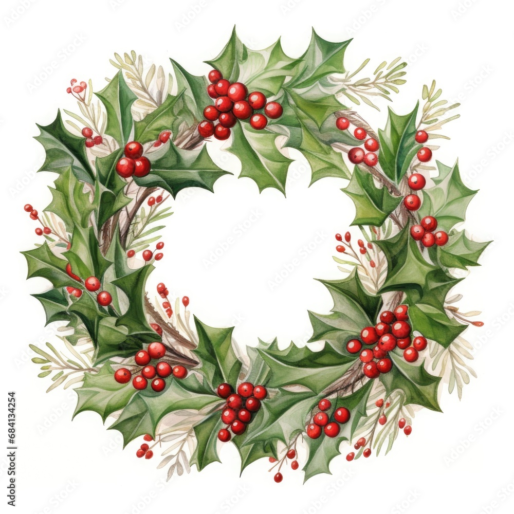 watercolor holly wreath with red berries on white watercolor holly wreath with red berries on white