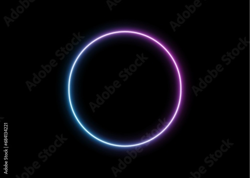 Modern, abstract round circle blue and pink neon light frame over black background, 3D illustration 