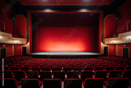 an empty auditorium surrounded by two rows of red seats