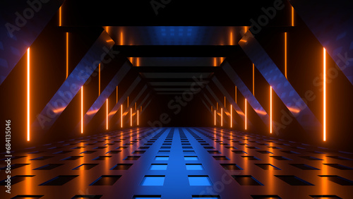 Fototapeta Naklejka Na Ścianę i Meble -  Sci Fi neon glowing lines in a dark tunnel. Reflections on the floor and ceiling. 3d rendering image. Abstract glowing lines. Technology futuristic background.